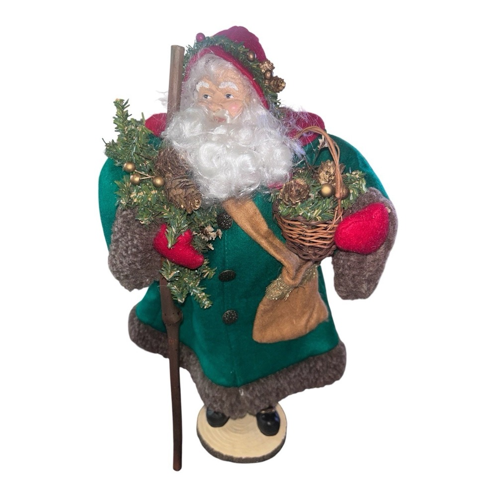 Woodlands Santa Figurine w/Toy Sack - Porcelain Face On Wood Chip Base Rustic 17
